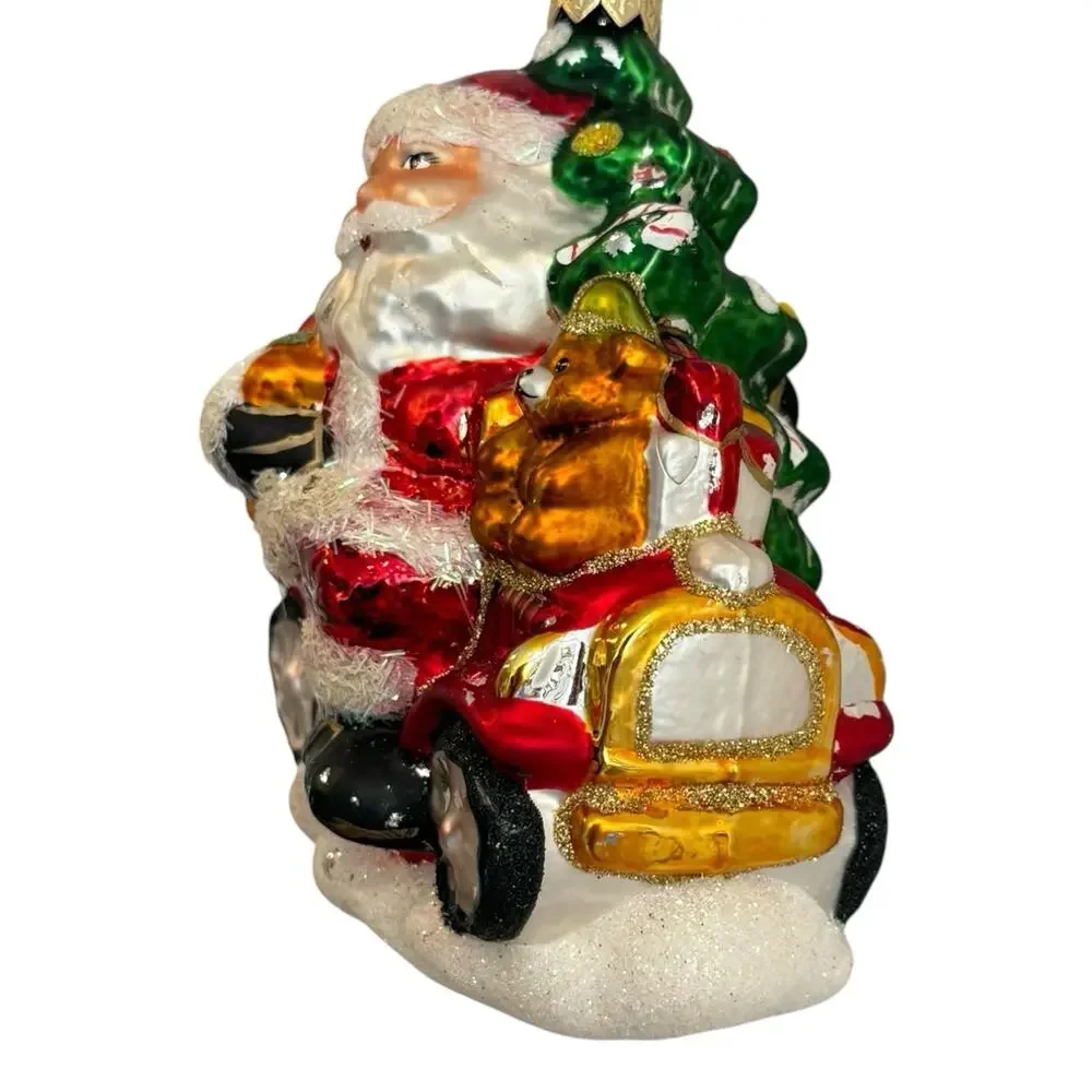 Lg Santa Riding Vintage Car Jalopy Glass Ornament w/Tree Teddy Bear‎ 5.5